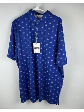 USAG Men's Golf Polo Shirt Golf Cart Print Blue Short Sleeve L